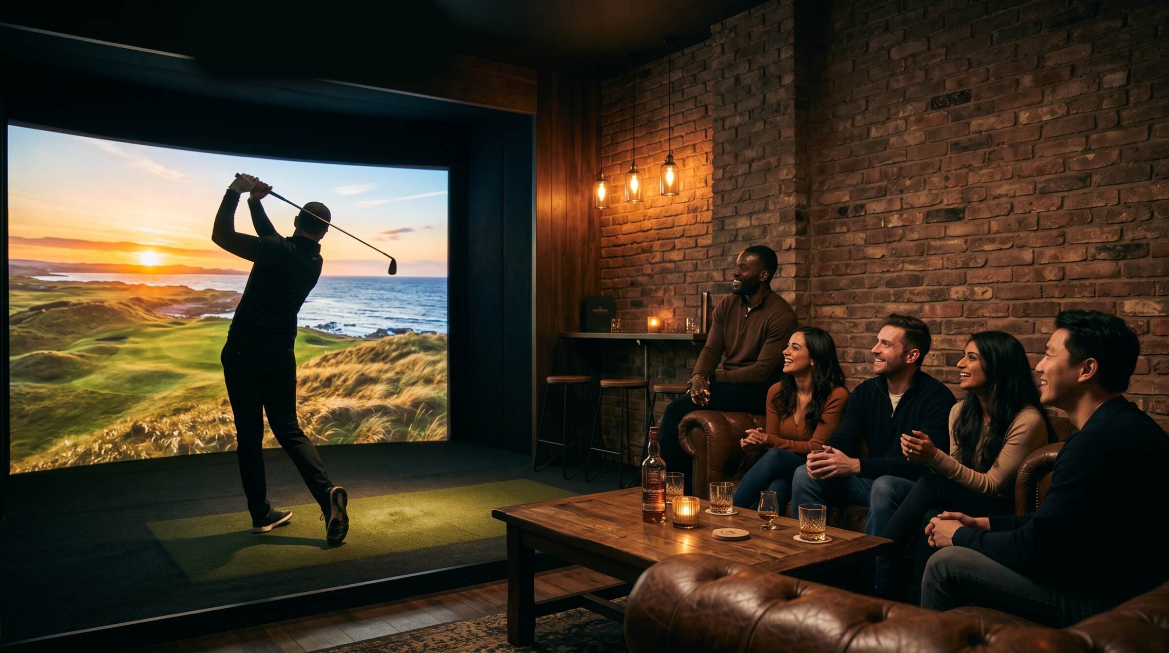 A golfer takes a swing in an indoor simulator bay while friends watch from the lounge