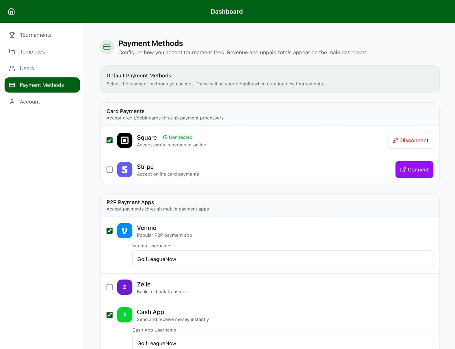 Managing tournament payment methods from the desktop dashboard